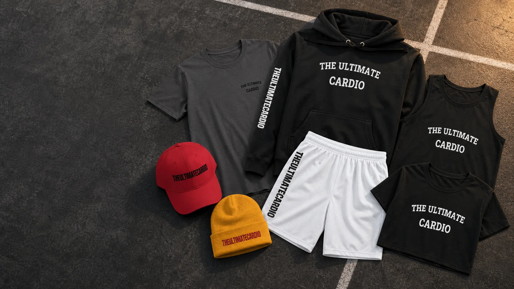 The Ultimate Cardio full apparel and headwear collection arranged on a running-track surface