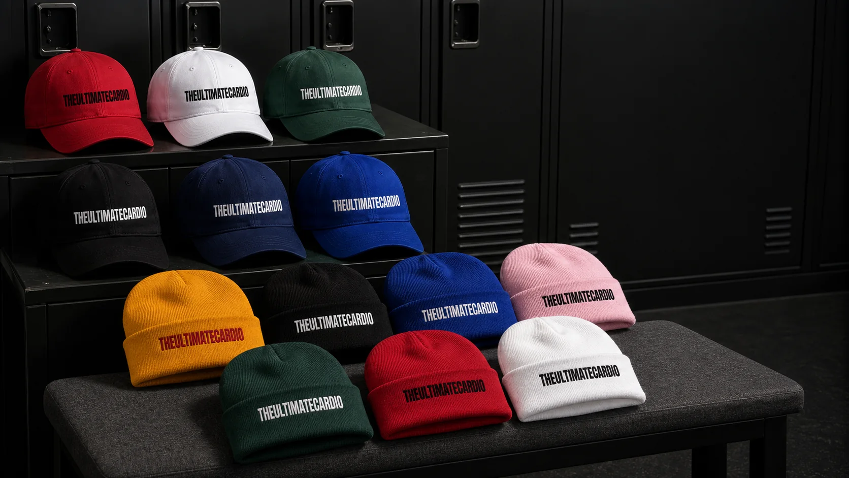 The Ultimate Cardio caps and beanies displayed across the full color range