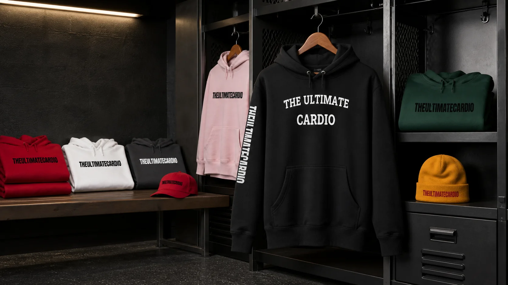 The Ultimate Cardio hoodie collection displayed in a dark athletic locker room