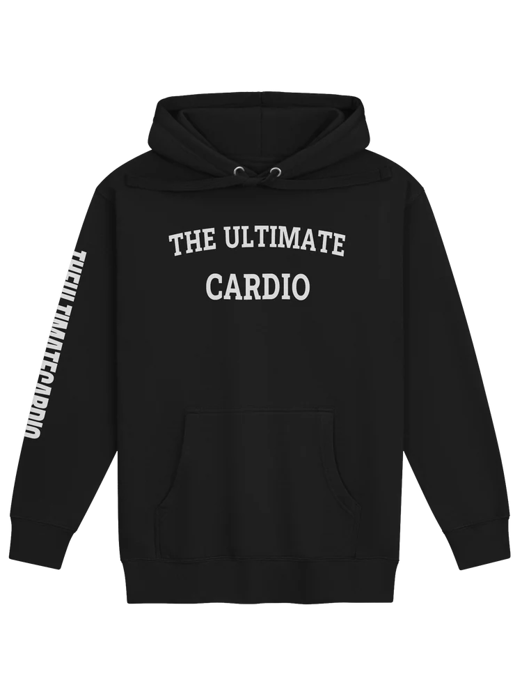 Black The Ultimate Cardio Hoodie with white front and right-sleeve artwork