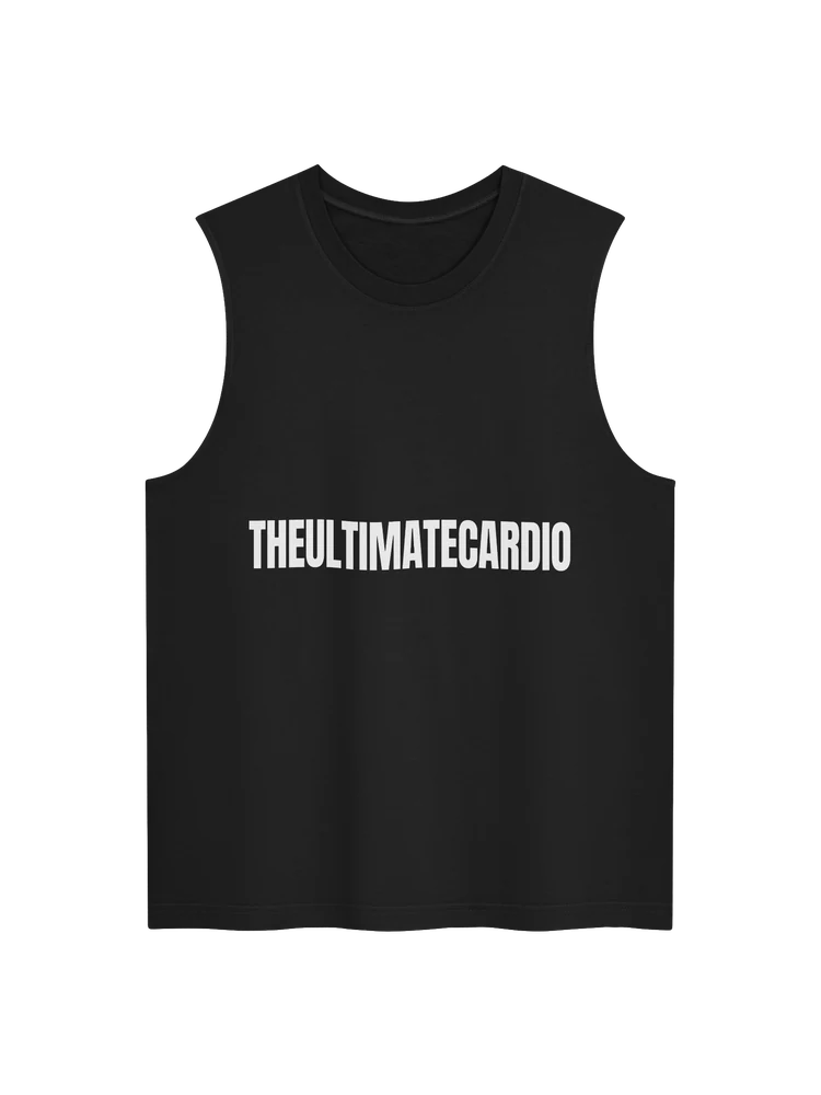 Black men's The Ultimate Cardio training tank with white one-line across-chest artwork