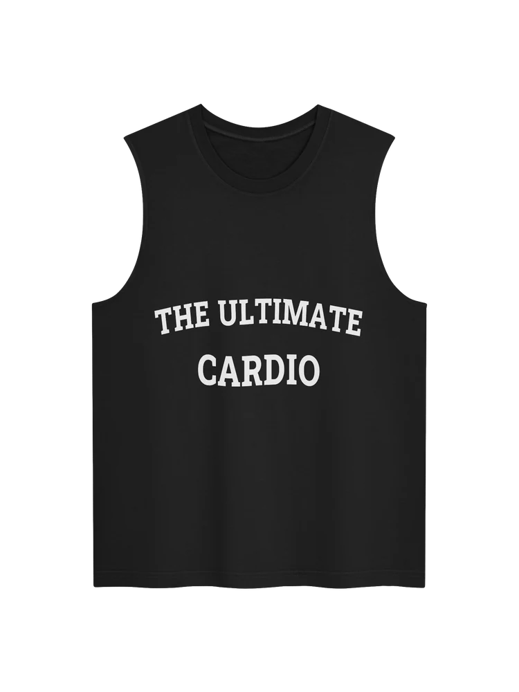 Black men's The Ultimate Cardio training tank with white two-line front artwork
