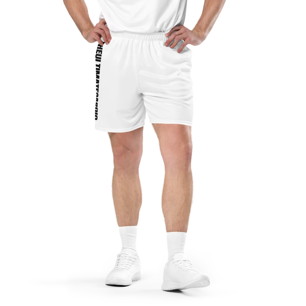 White The Ultimate Cardio mesh shorts with black vertical artwork on the wearer's right leg