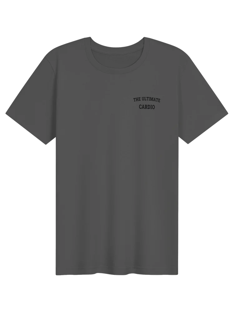 The Ultimate Cardio T-Shirt in charcoal with a compact front chest treatment