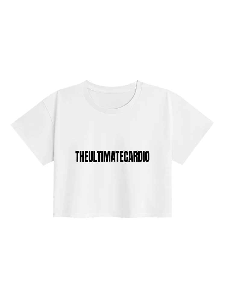 White women's The Ultimate Cardio crop top with black one-line across-chest artwork