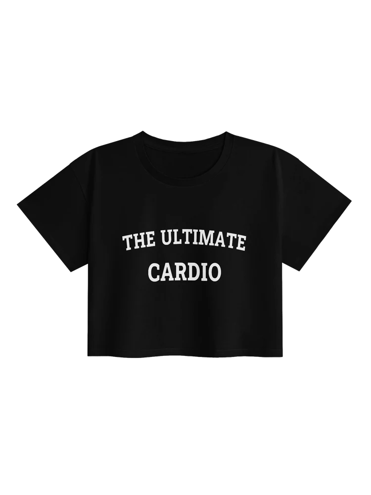 Black women's The Ultimate Cardio crop top with white two-line front artwork