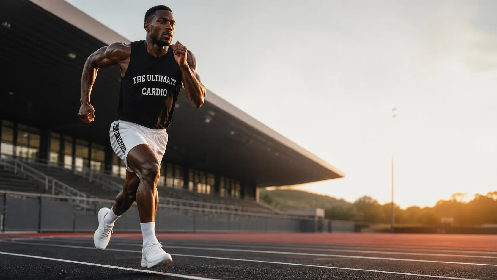 Runner wearing white The Ultimate Cardio mesh shorts and a black training tank on a track