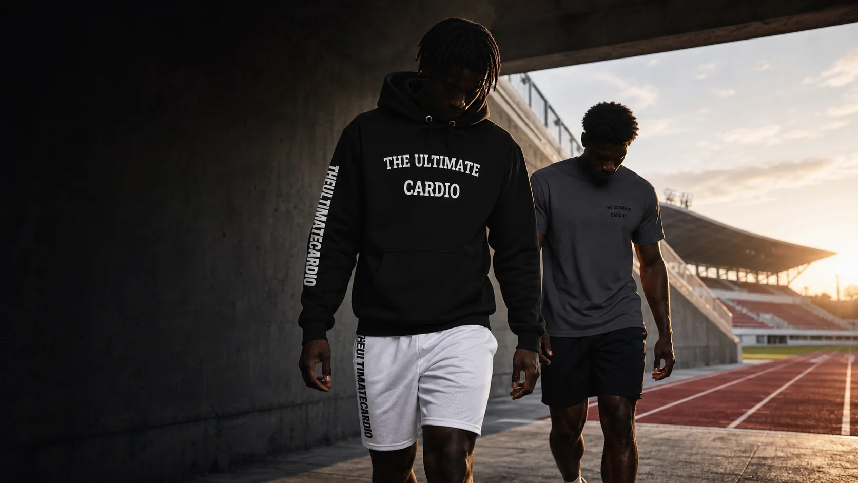 Athletes wearing The Ultimate Cardio hoodie, T-shirt, and mesh shorts in a stadium tunnel