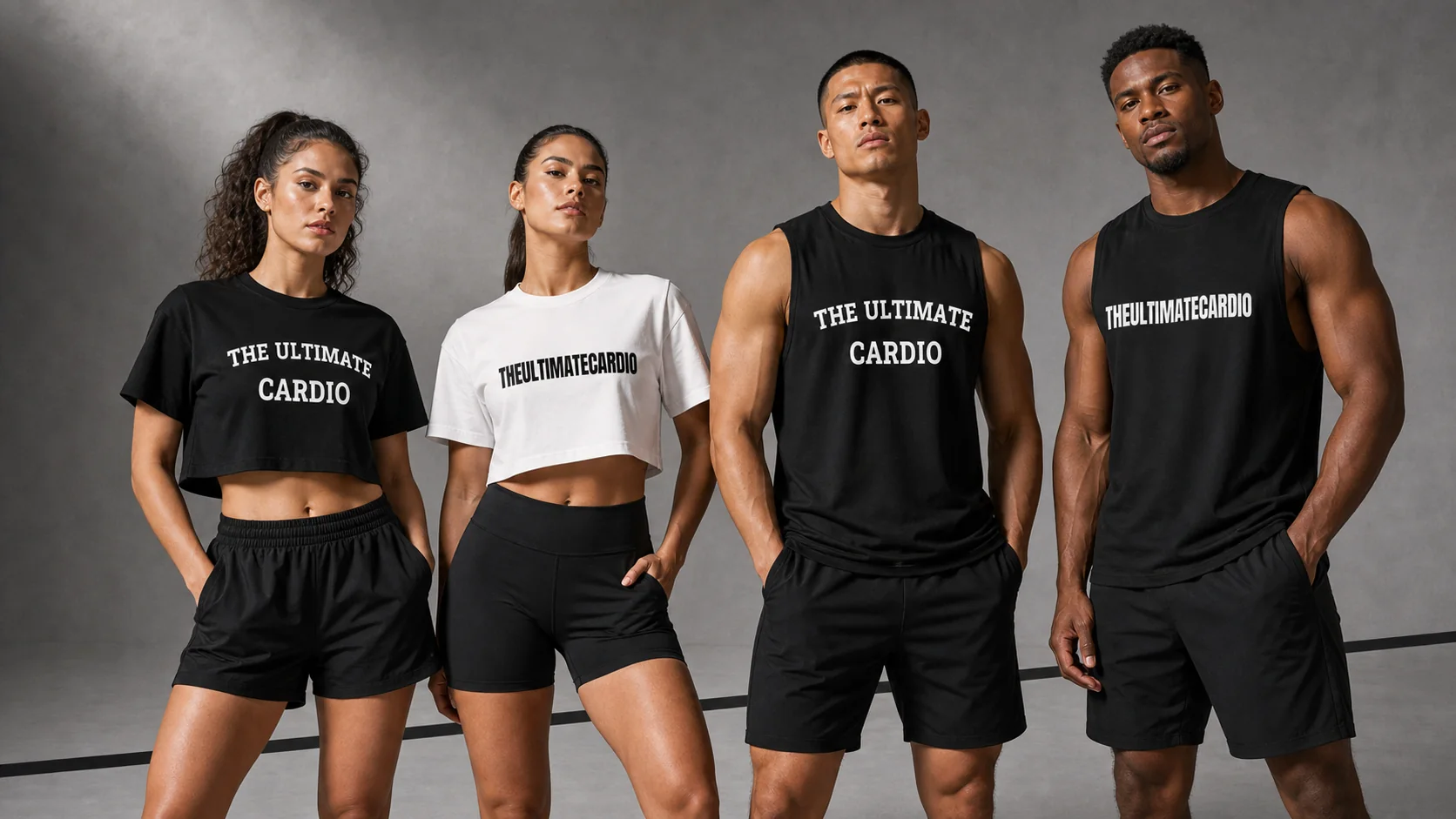 Athletes wearing black and white The Ultimate Cardio tanks and crop tops